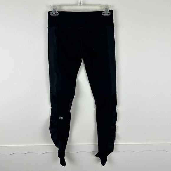 ALO Yoga Black Mid Rise Mesh Panel Ruched Ankle Cropped Leggings S - Picture 2 of 4
